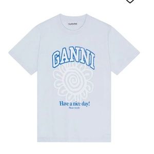 Ganni Small Relaxed Blue Flower Logo Printed Crewneck T-shirt Tee Top Size S